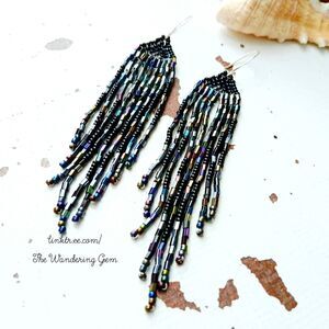 BOGO EARRINGS Black Beaded Fringe Cascade Shoulder Duster Dangle